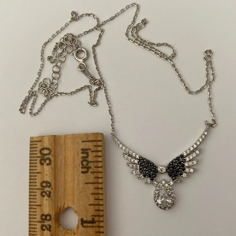 925 Silver angelwing necklace cz with big clear stone - Picture 2 of 4